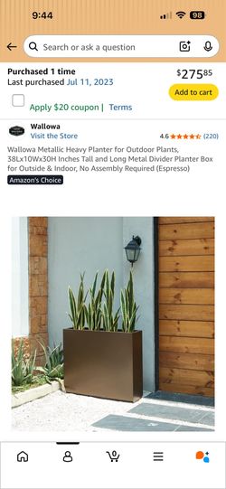 Wallowa Metallic Heavy Planter for Outdoor Plants, 38Lx10Wx30H Inches Tall and Long Metal Divider Planter Box for Outside & Indoor (Espresso)