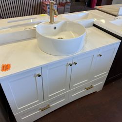 49 In. Single Sink White Bathroom Vanity With Vessel Sink And Faucet