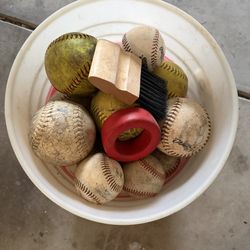 Bucket of 21 Softballs With Bat Weight and Home Plate Brush