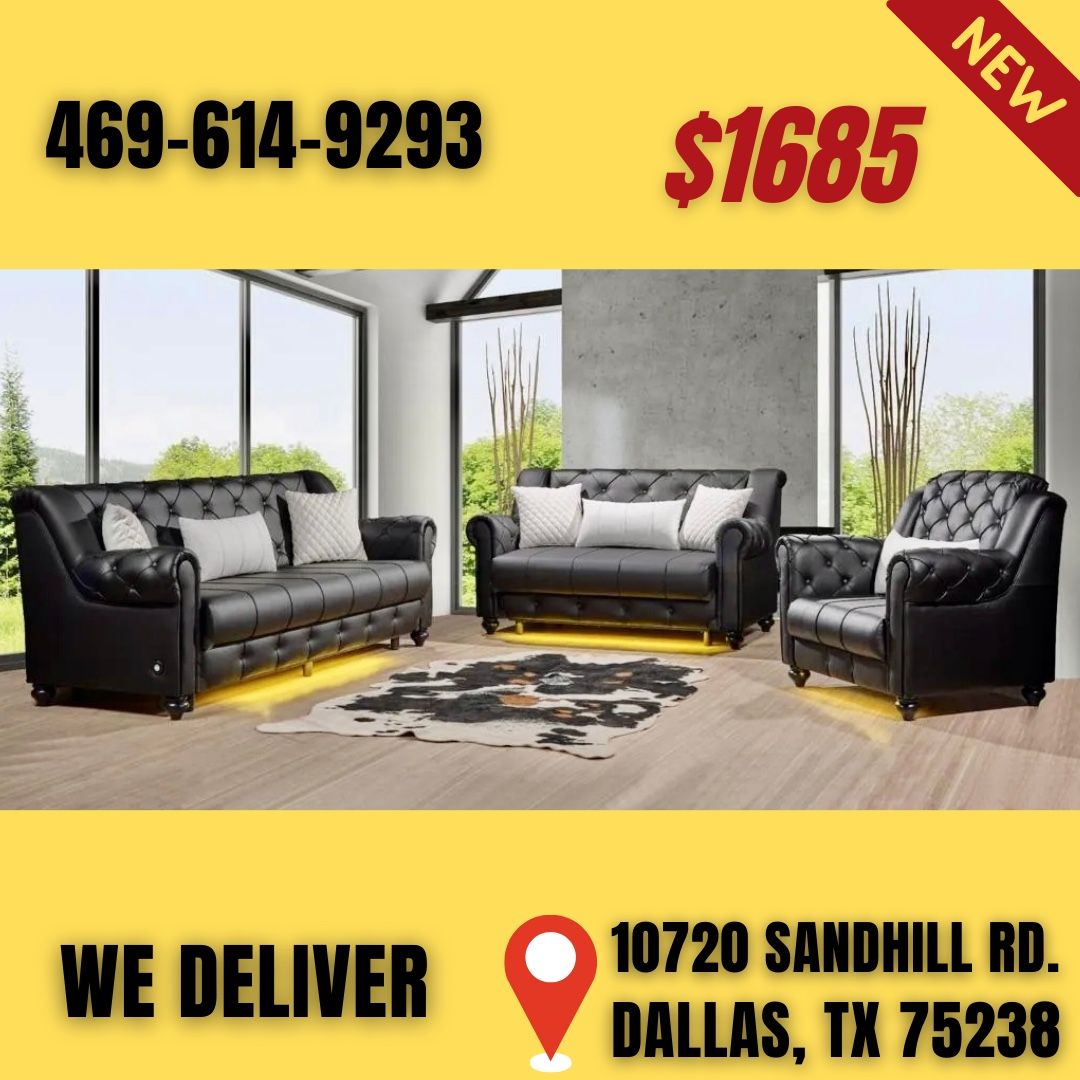 Black Leather Sofa Loveseat Chair All 3pcs With Pillows 