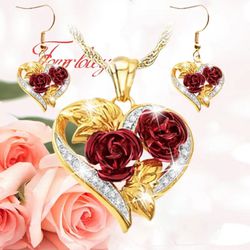 2pc Crystal heart rose flower pendant necklace earring set the forever love you