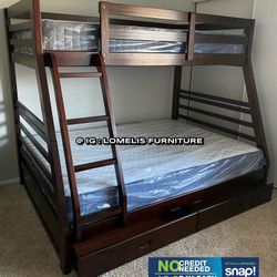 Twin/Full Expresso Bunk bed w. Drawers & Ortho Mattresses Included 