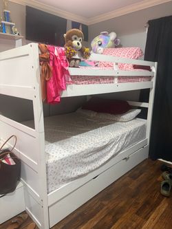 White Wood Full Bunk Bed with Trundle