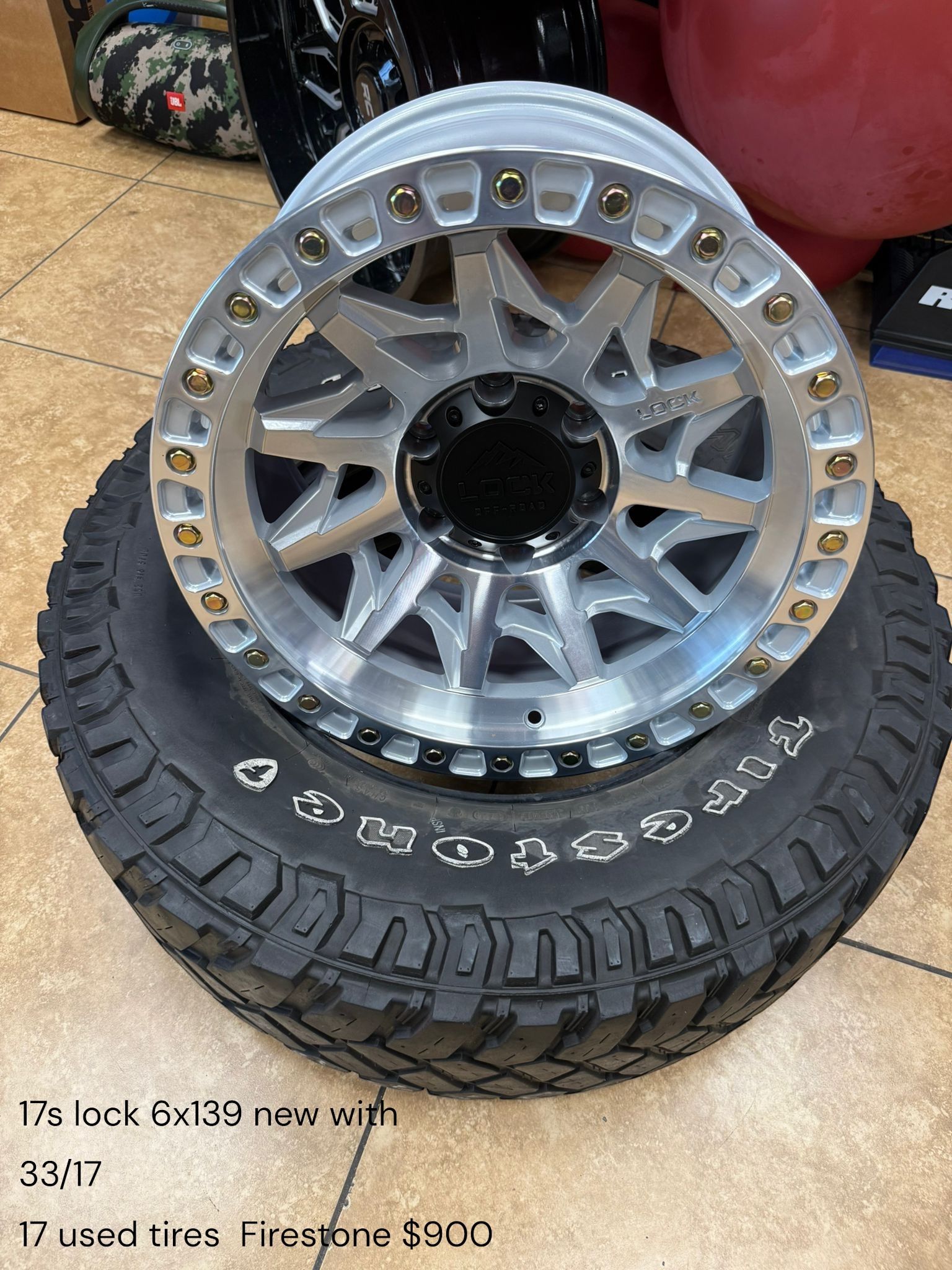 17s lock 6x139 new with 33/17  17 used tires  Firestone $900