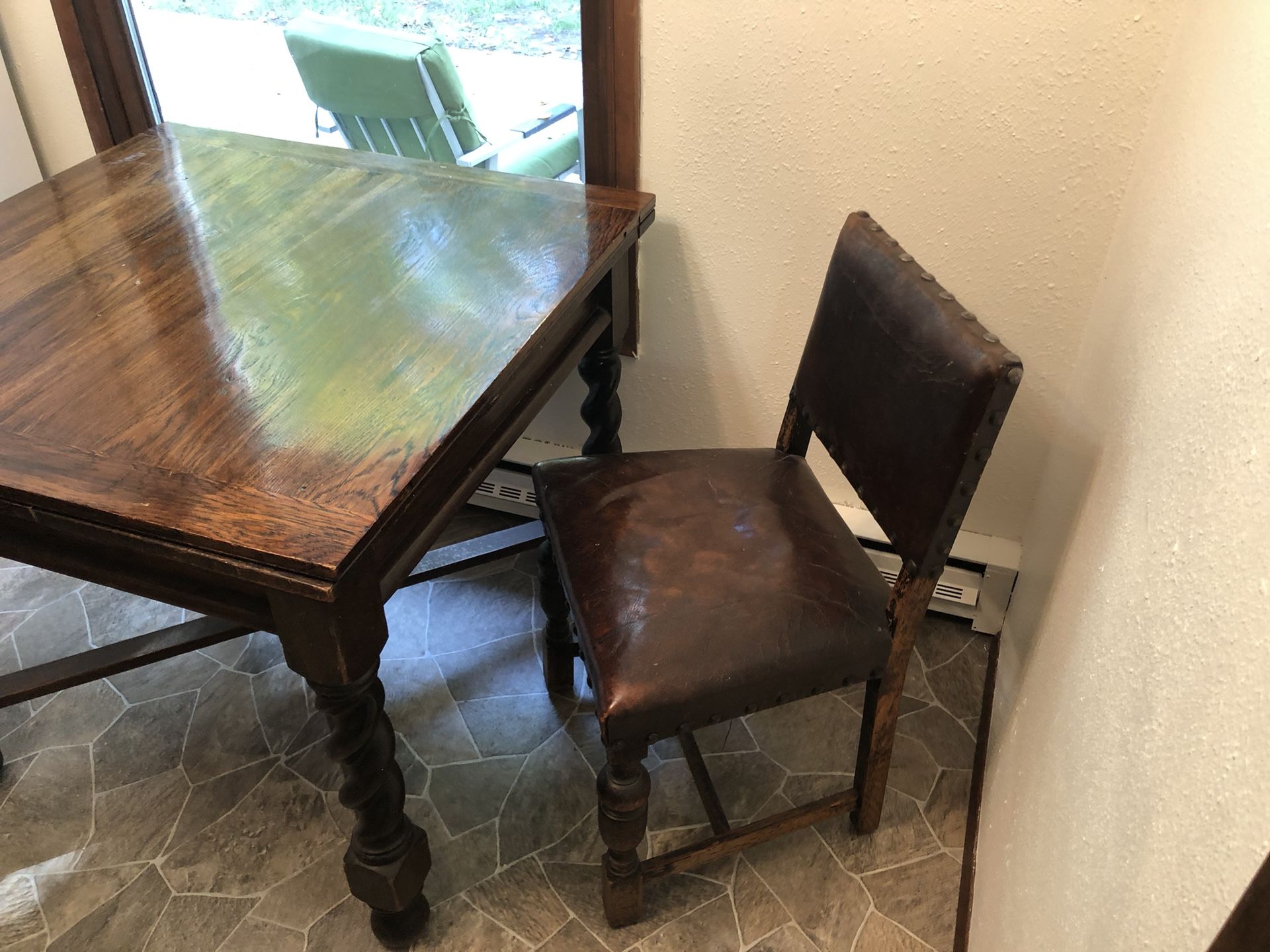 Antique Table And Wood/Leather chairs And Table-the Table Extends