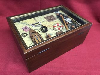 Vintage Antique Style Trinket Storage Box Shadow Box Nautical Fishing Theme Lid 13” x 9” x 5 1/4”tall