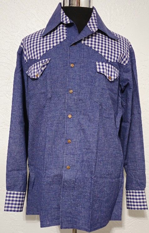 Vintage Western Shirt Original 60s 70s Mens Cowboy Denim WEST CAL .45 Plaid XL