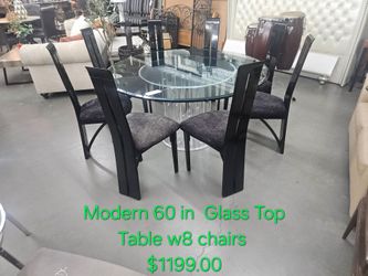 Modern 60-Inch Round Glass Top Dining Table with 8 Chairs We are located at 2811 East Bell road. Another Time Around Furniture.