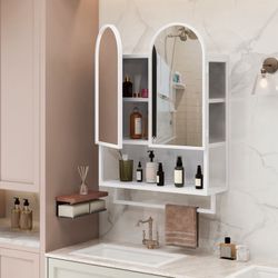 New  Double-Arched Mirror Cabinet with Adjustable Shelves and Towel Rack