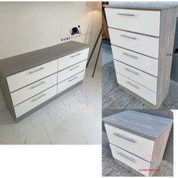 NEW  GRAY&WHITE DRESSER CHEST And 1 NIGHTSTAND. 3 PIECES. Set Also Sold Separately 