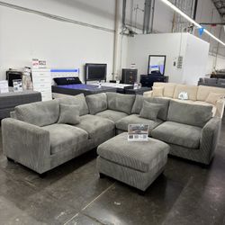 brand New Grey Corduroy Sectional Sofa Couch With Ottoman