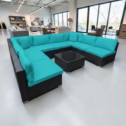 Teal Color Indoor / Outdoor Wicker Sectional Sofa Set with Coffee Table
