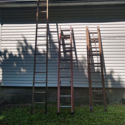 Ladders 14' wood, Werner heavy duty 17' anti-conductive fiberglass extension & 17' wood extension