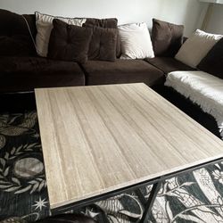 Modern Travertine Coffee Table — Solid Natural Stone & Metal Base (40” Square) 