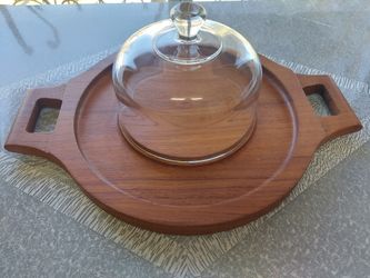Vintage Genuine Teak Julie Pomerantz Cheese Board with Glass Dome.