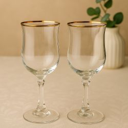 American Stemware USA 1980s 2 Princeton Clear Gold Rim Wine Glasses, 3 X 7.75”