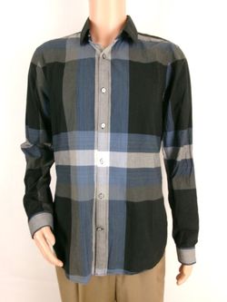 Express men's L blue black plaid long sleeve button down extra slim fit collared