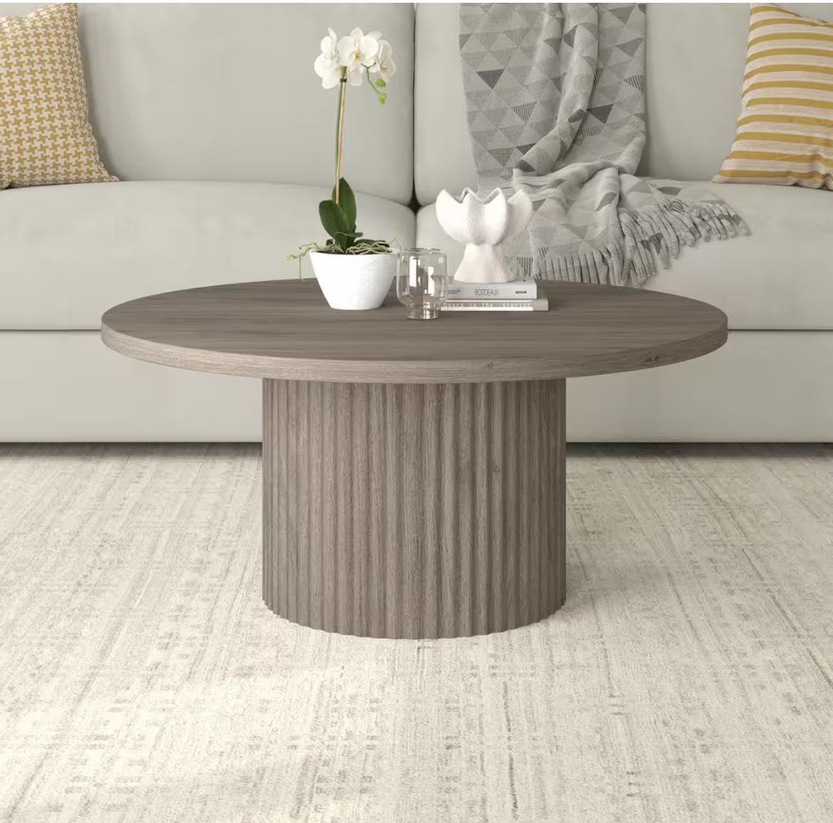 32 in. Antiqued Gray Oak Round MDF Coffee Table