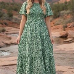 $28 Shipped New Small Kranda Women Summer Fall Crewneck Short Sleeve Smocked Floral Maxi Dress