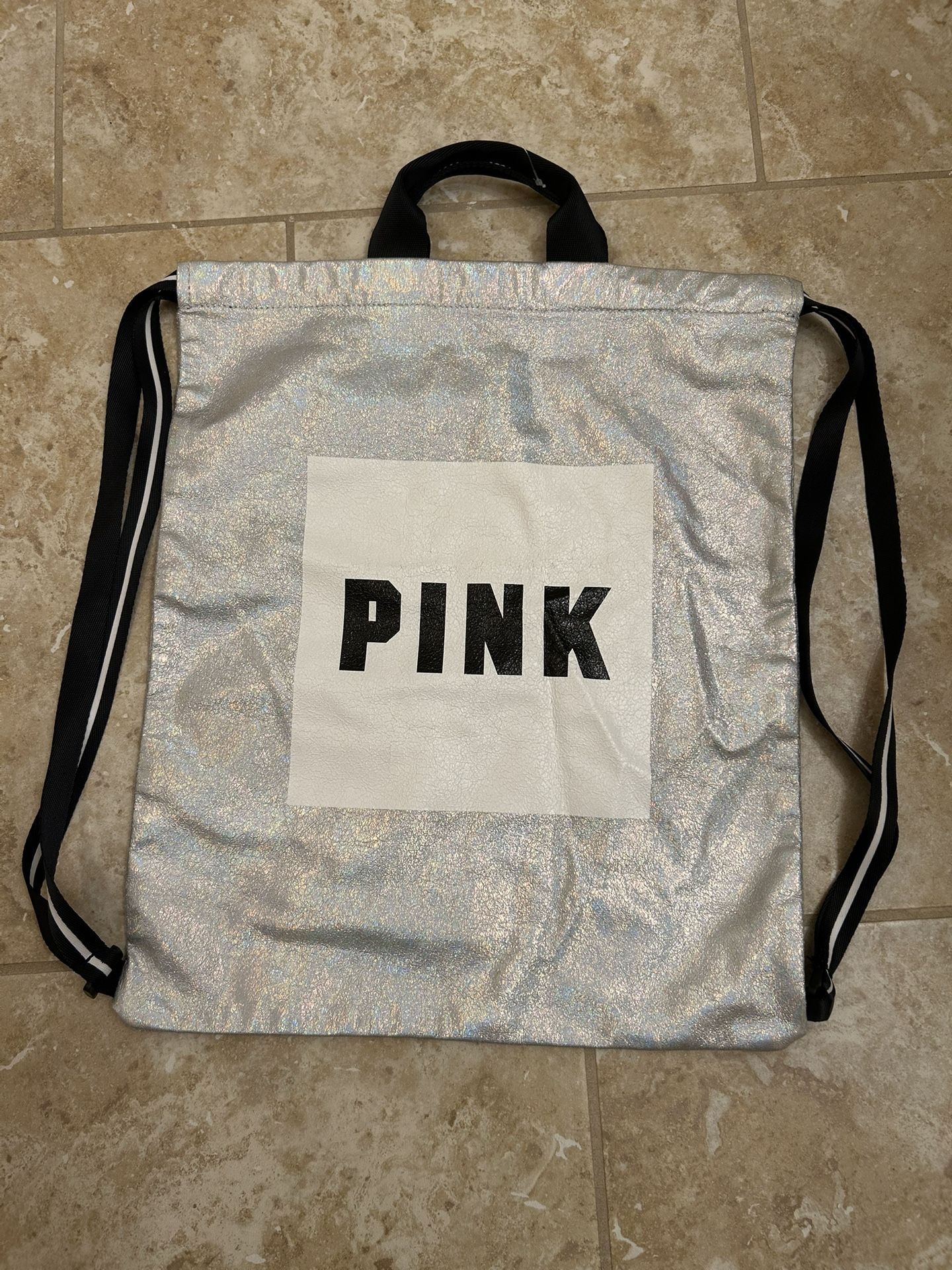 Victoria Secret (PINK) Iridescent Silver Drawstring Backpack Tote Bag