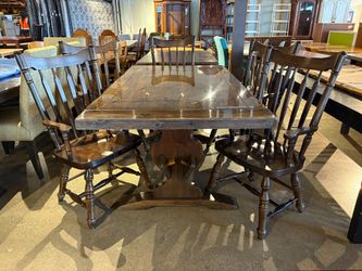 BENNINGTON PINE Vintage Farmhouse Style Extendable Trestle Dining Table Set (Set of 6 Chairs )