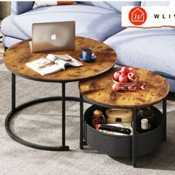 WLIVE 31.5" Round Nesting Coffee Table Set of 2 | Rustic Brown Industrial Style with Storage, Metal Frame Minimalist Center Tables for Home