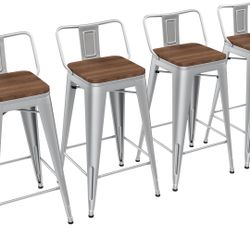 24 inch Barstools Set of 4 Counter Height Bar Stools Farmhouse Kitchen Metal Bar Chairs with Wood Seat Low Back Silver