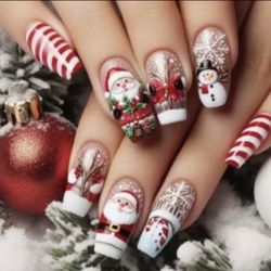 Handmade Christmas Press-On Nails – 48 Nail Set – Santa & Holiday Designs