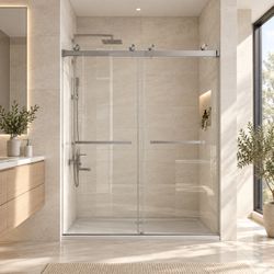 VRDA-6076-BN, Frameless Double Sliding Shower Door with Soft Close System, 56-60" Width × 76"Height with 3/8"(10mm) Clear Tempered Glass in Brushed Ni