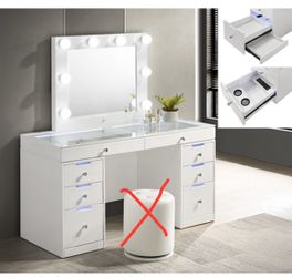 Hollywood style vanity with LED lighting in drawers also has a secret drawer inside of the last bottom drawer clear glass table top crystal knobs Stoo