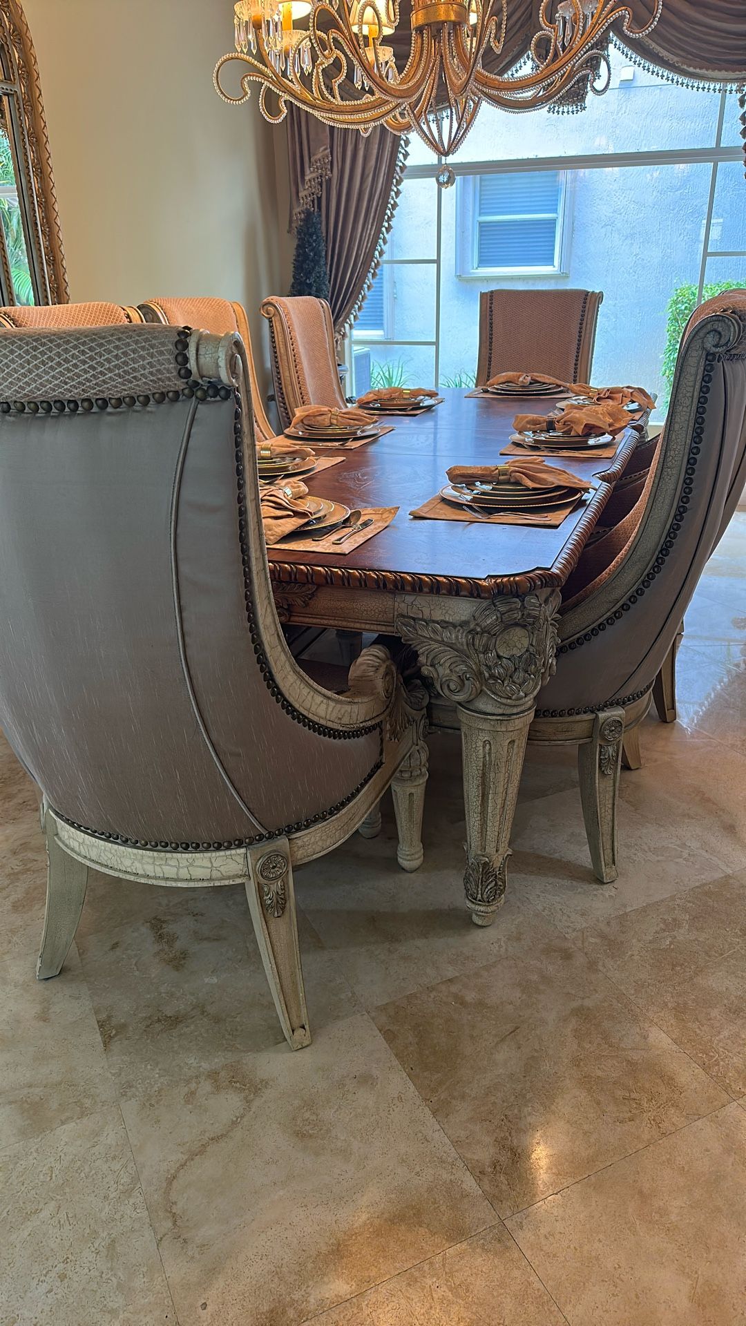 115” European Detailed Dining Table With Extender and 8 Chairs