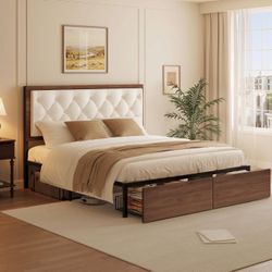 Queen Size Bed Frame with 2 Storage Drawers & Upholstered Headboard, Mid-Century Modern