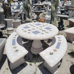 Concrete Stone Mosaic Picnic Table with 3 Benches/ Outdoor Patio Furniture