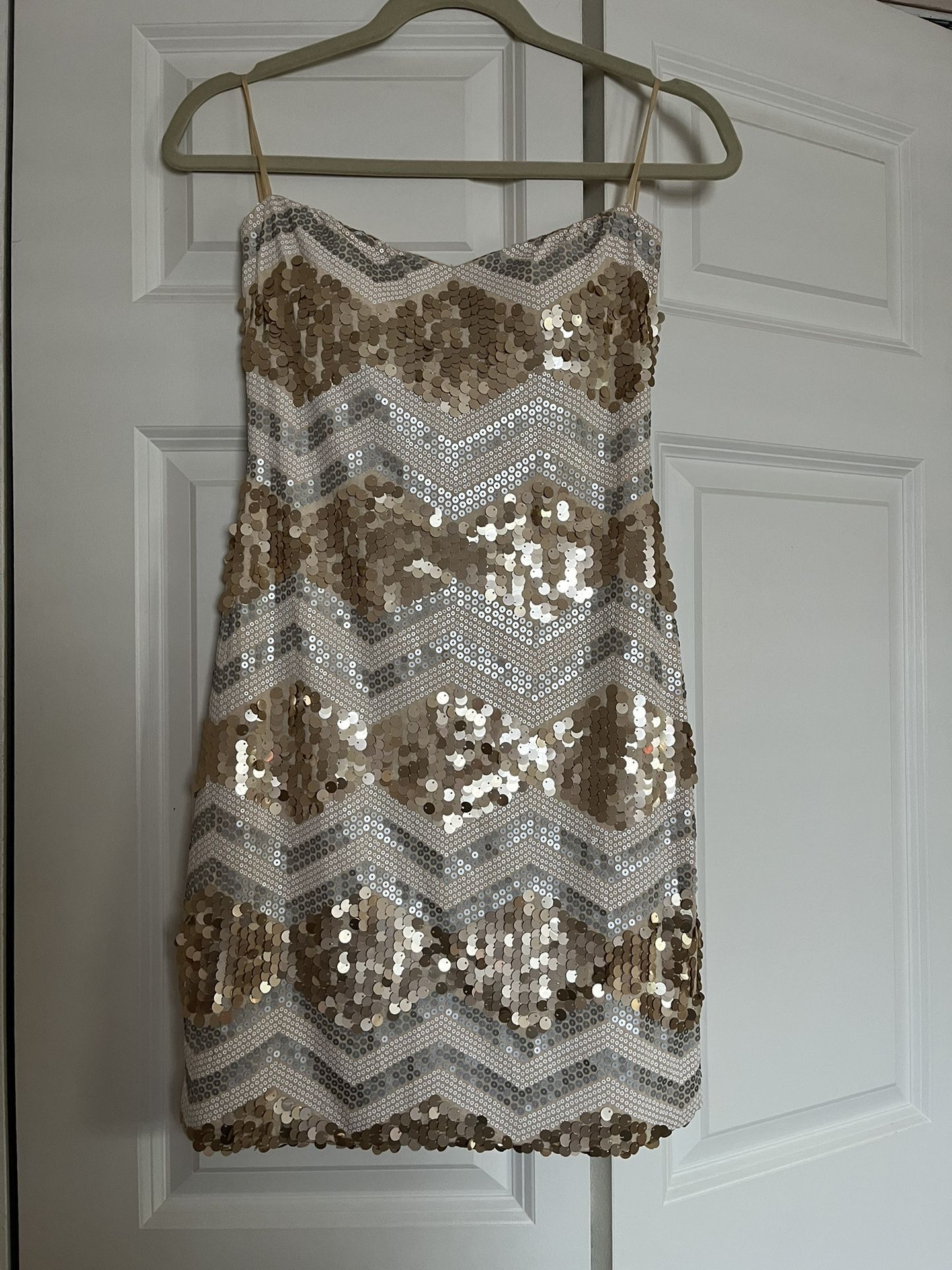 It’s A Beautiful cocktail dress, gold, and silver. The size is medium.