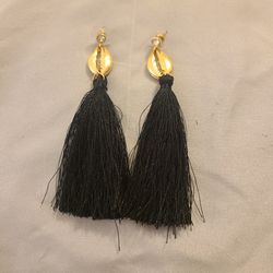 New. Gold, With Diamond And Black Tassel Dangle Earrings. 