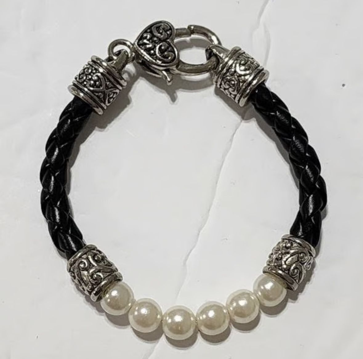 Faux Pearl & Braided Leather Bracelet