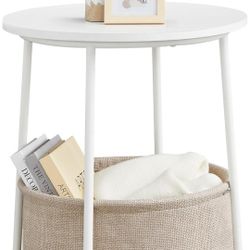 VASAGLE Small Round Side End Table, Modern Nightstand with Fabric Basket