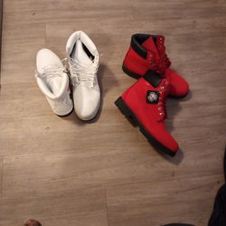 Red And White Timberlands Size 10.5