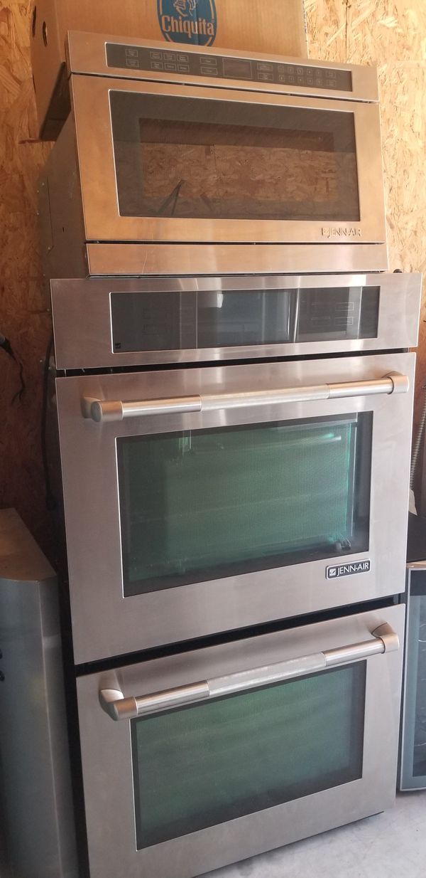 Jenn Air stainless steel double oven and microwave drawer