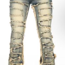 Unisex Distressed Stacked Jeans Blue Streetwear 