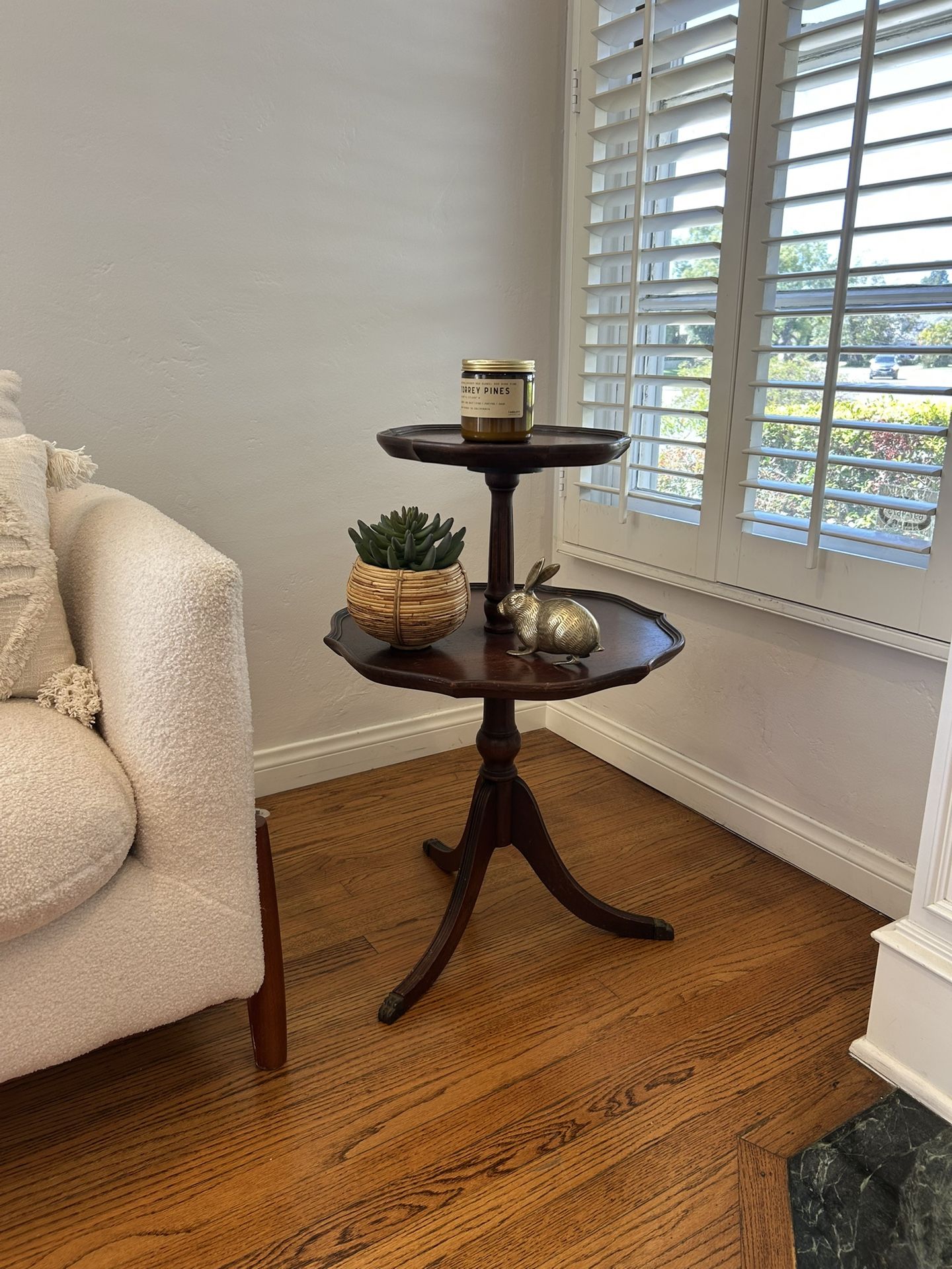 Vintage 2 Tier Wood Pie Table Solid Wood Antique Footed Weathered Table Accent End Table Accent