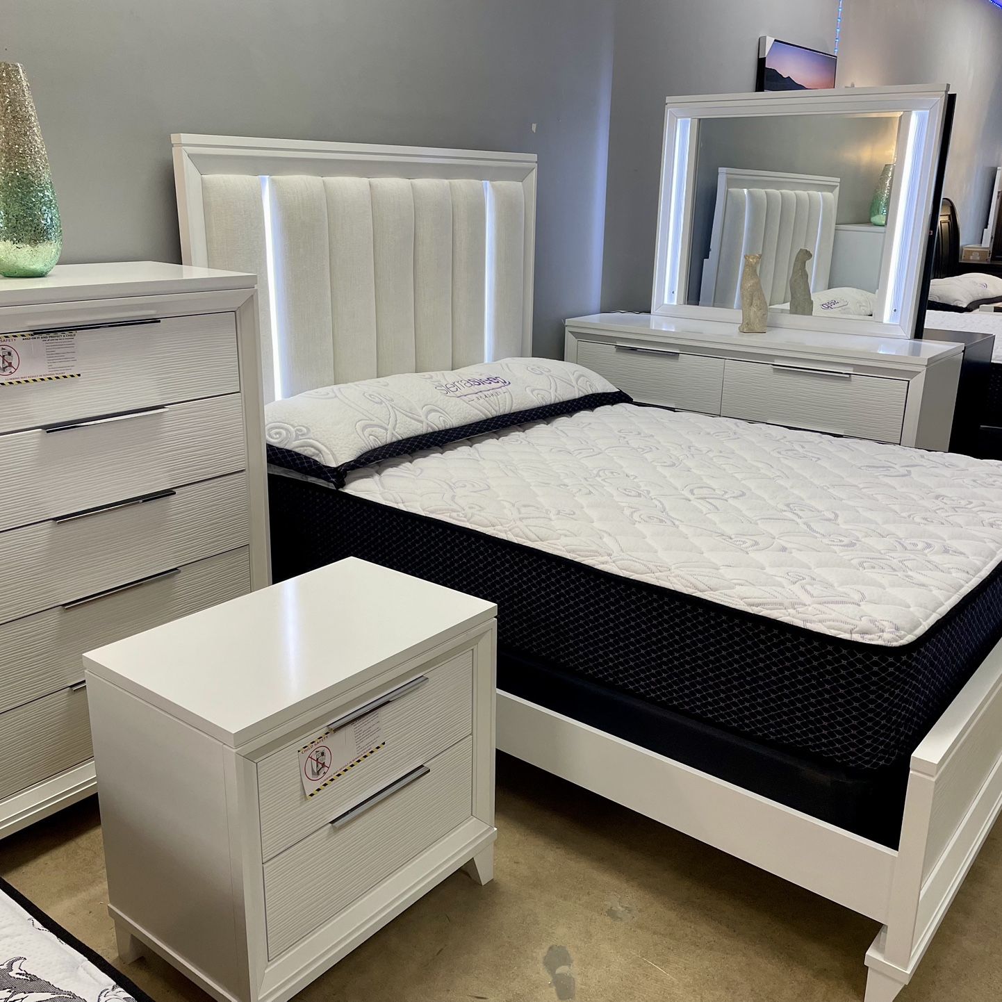 Cressida White Led Panel Bedroom Set, Mattress, Bed Frame, Dresser, Nightstand, Mirror Options