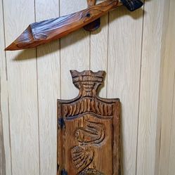 Mid Century Witco Vintage Tiki Knight Sculptural Coat of Arms Shield & Sword Set!!