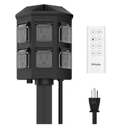 Outdoor Power Stake Timer, 100FT Remote Control, Dusk to Dawn Christmas Light Timer, 6FT Extension Cord Waterproof, 6 Grounded Outlets for Outdoor Chr