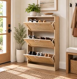 Entryway Natural Rattan Shoe Storage Cabinet