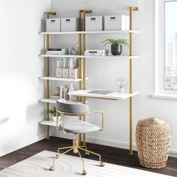 Desk with Ladder Shelf | White and Gold Shelves