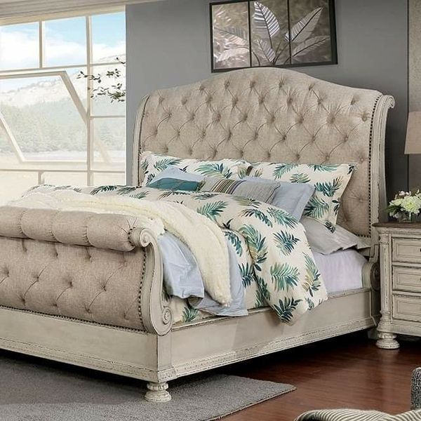 ANTIQUE WHITE UPHOLSTERED TUFTED KING SIZE SLEIGH BED EASTER / CAL KING for Sale in San Diego