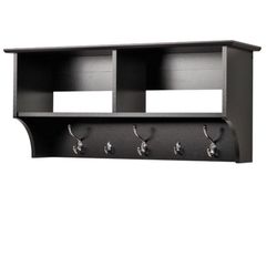 Prepac Coat Rack with Shelf, Wall Shelf with Hooks, Wood Entryway Coat Hanger, Floating Shelf with Pegs for Hanging Coats, Hats, Purses, Backpacks, Bl