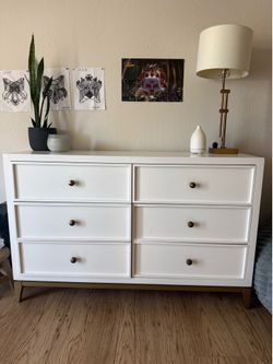 Solid Wood White 6-Drawer Dresser – Bronze Hardware – 56” Wide