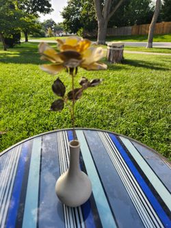 Vintage Metal Rose Flower Sculpture in Ceramic Bud Vase Gold Yellow Decor